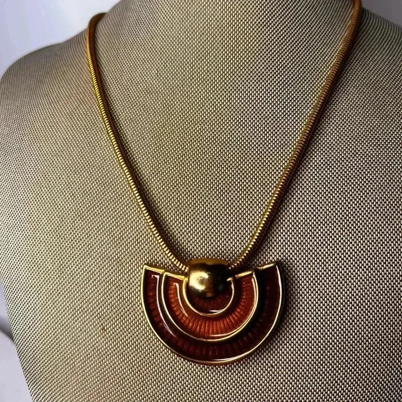 Napier Signed mod brown amber rust colors rare gold with enamel color necklacee - Picture 2 of 6